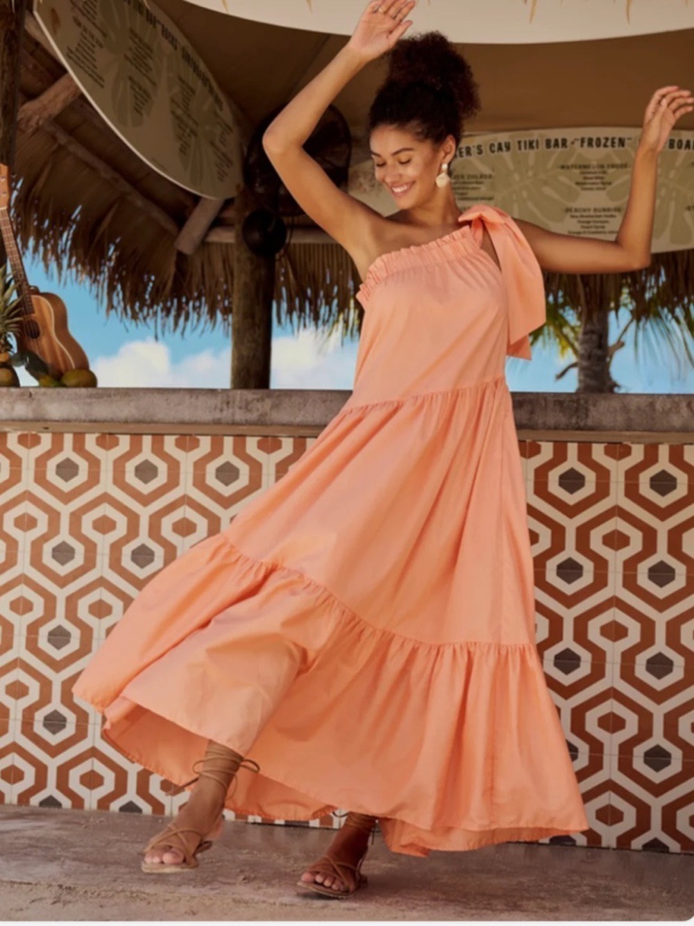 Altar'd State Gina Coral One Shoulder Tiered Maxi Dress Coastal Cottagecore XS